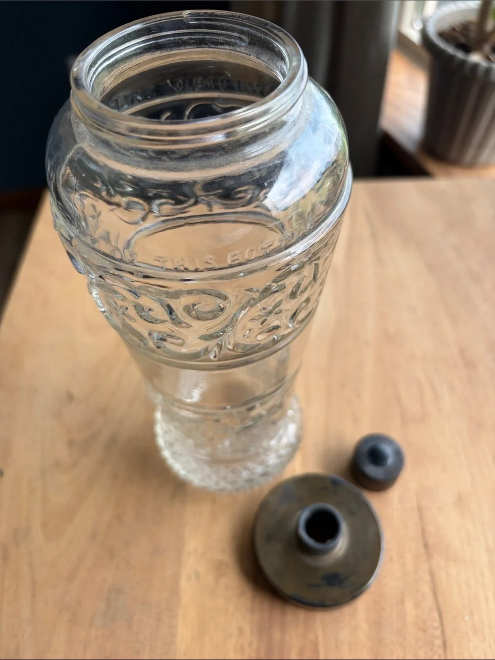Vintage 1950s Clear Embossed Glass Cocktail Shaker with Dark Metal Lid